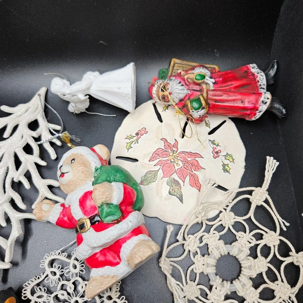 Vintage Christmas Ornament Lot –‎ Mixed Santa, Angel, Crochet & Beaded Decor